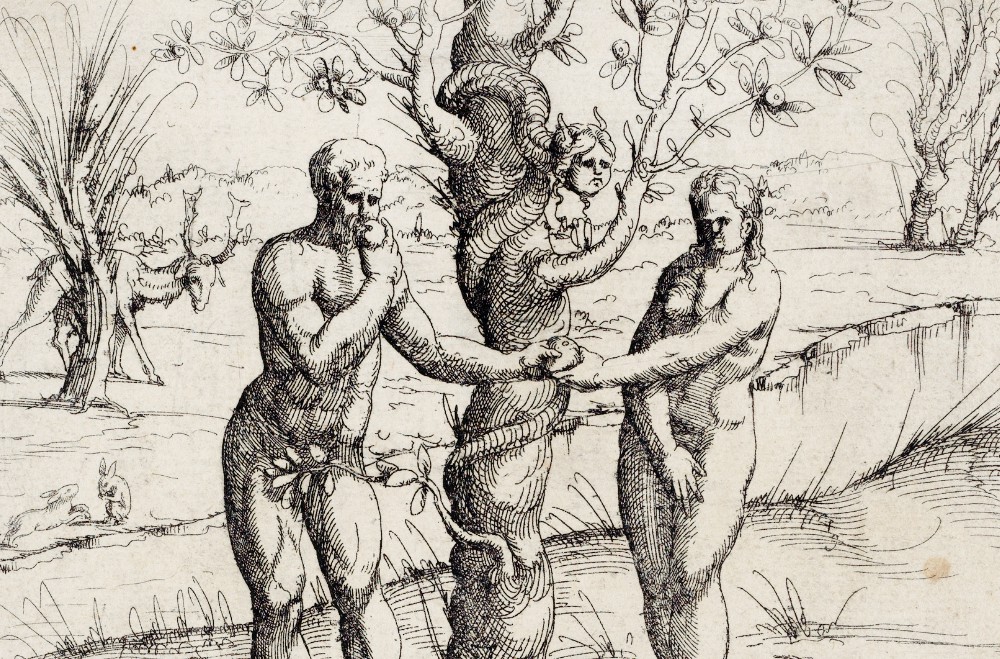 "Adam and Eve Eating the Forbidden Fruit, from Old and New Testaments" (1548, detail) by Augustin Hirschvogel (The Metropolitan Museum of Art) "Adam and Eve Eating the Forbidden Fruit, from Old and New Testaments" (1548, detail) by Augustin Hirschvogel (The Metropolitan Museum of Art)